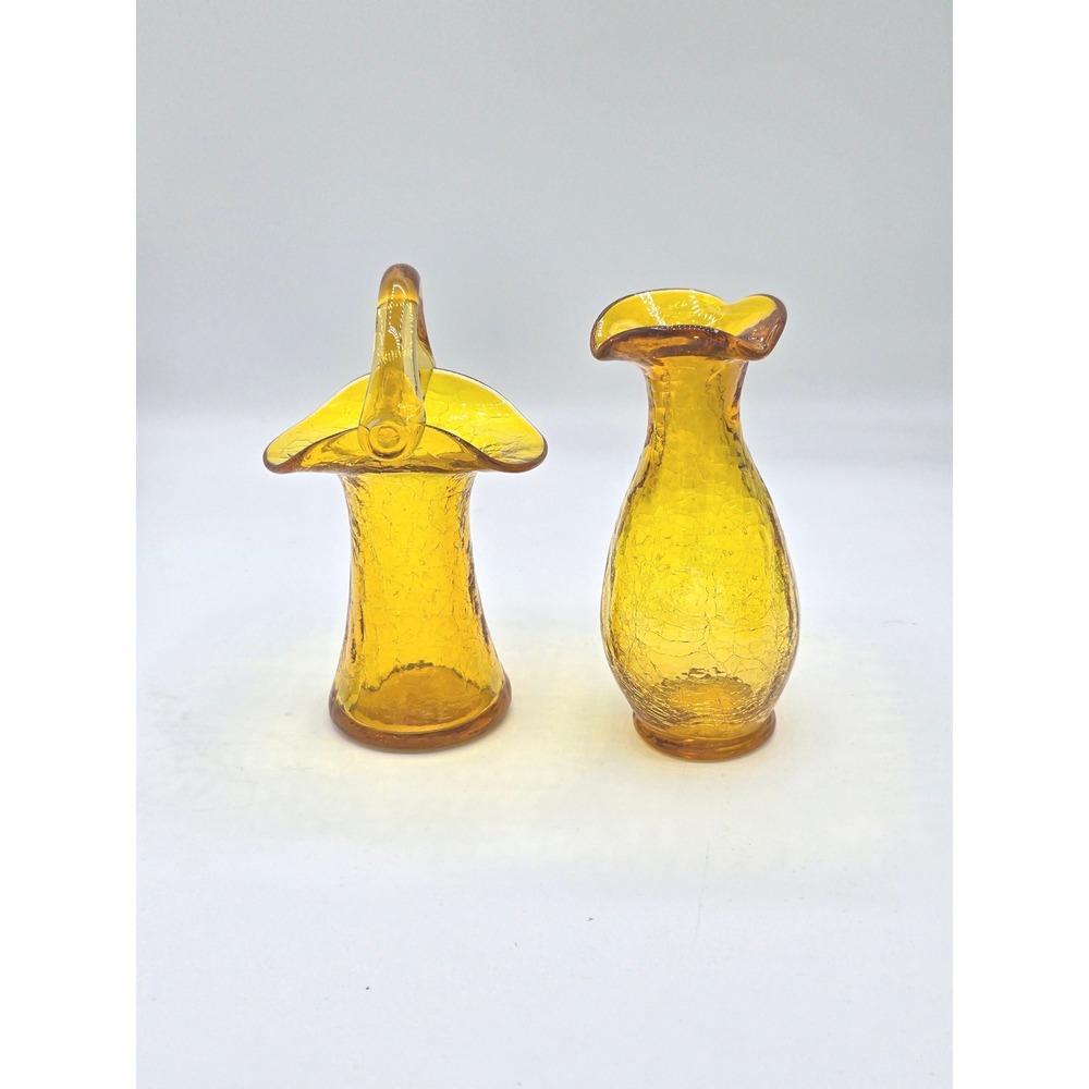 Vintage Amber Crackle Glass Vase Basket Set MCM Bud 5" Vases‎ Decor